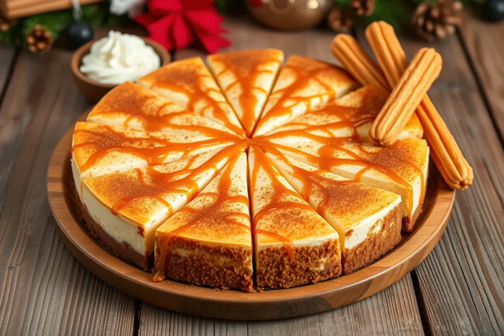 Slice of churro cheesecake with cinnamon-sugar crust and creamy filling, garnished with caramel drizzle and powdered sugar