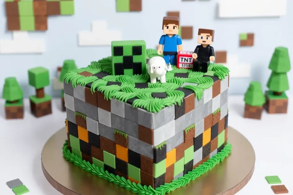 Classic Minecraft cake design with pixelated frosting, Creeper, TNT block, Steve, and sheep figures, perfect for a gaming-themed celebration.