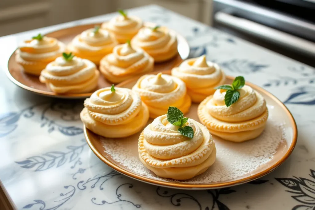 Cream cheese puff pastry cooled and garnished with powdered sugar and fresh mint