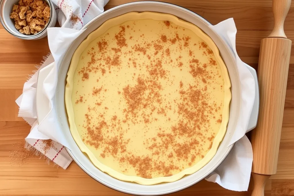 Step-by-step process of creating the base layer for churro cheesecake, with crescent roll dough pressed into a baking dish and dusted with cinnamon sugar