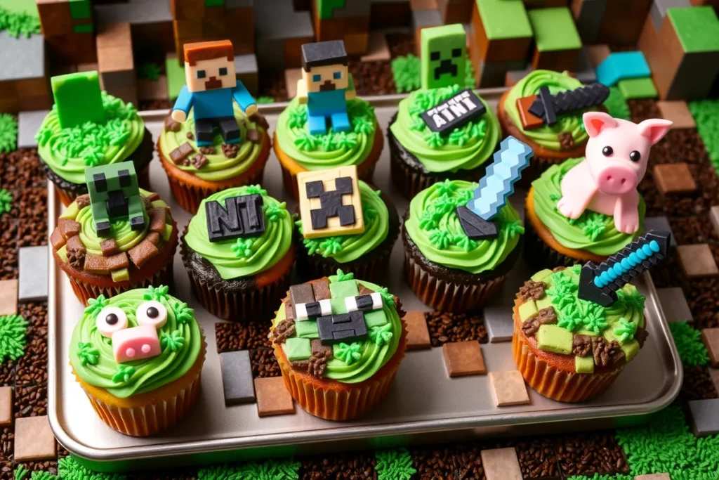 Minecraft-themed cupcakes with pixelated frosting and fondant characters like Steve, Creeper, and blocks, perfect for a gaming celebration