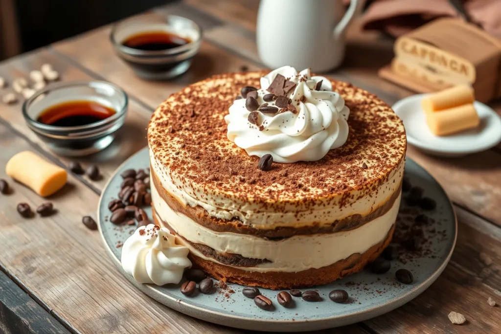 Tiramisu cheesecake decorated with cocoa powder, coffee beans, and chocolate shavings, showcasing elegant dessert decoration