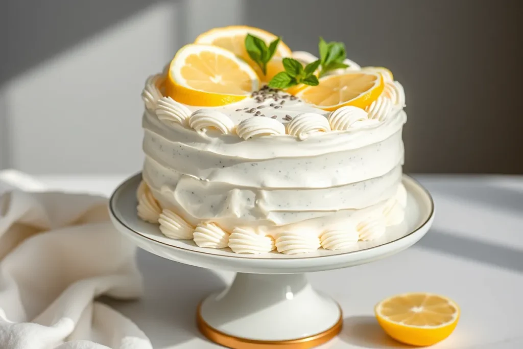 Decorated lemon poppy seed cake with fresh lemon slices, mint, and poppy seeds, beautifully presented on a cake stand