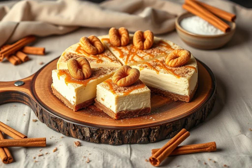 Churro cheesecake squares topped with cinnamon sugar, caramel drizzle, and mini churros on a wooden board with rustic decor