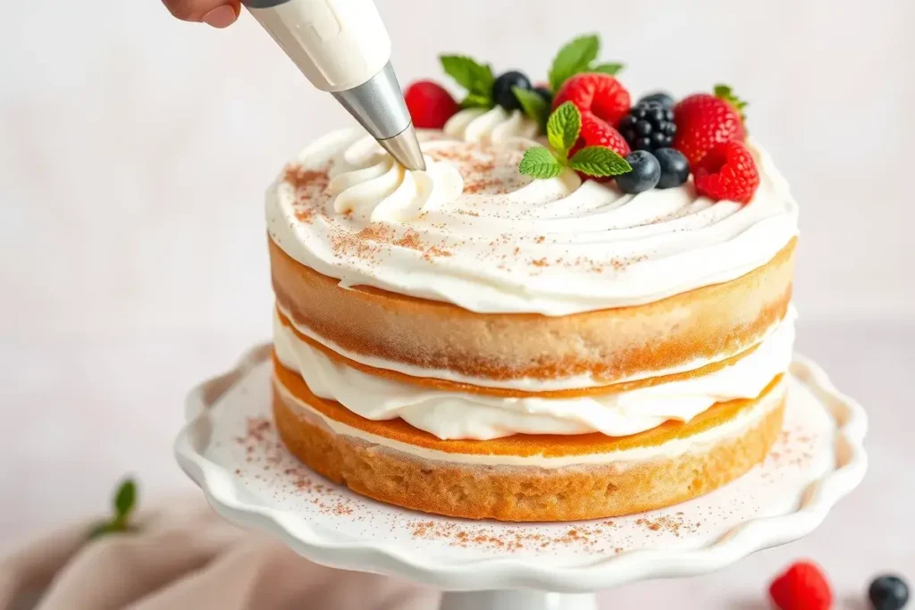 Decorating a Tres Leches Cake with whipped cream, berries, and cinnamon, showcasing the final step of making this creamy, moist cake