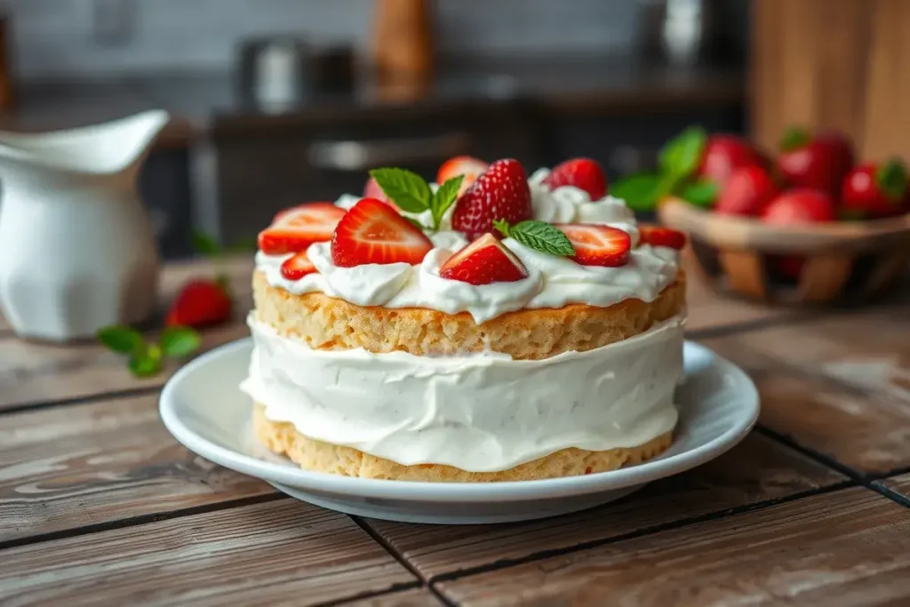 Tres Leches Cake with whipped cream topping, fresh strawberries, and mint leaves on a white plate, set against a rustic wooden table