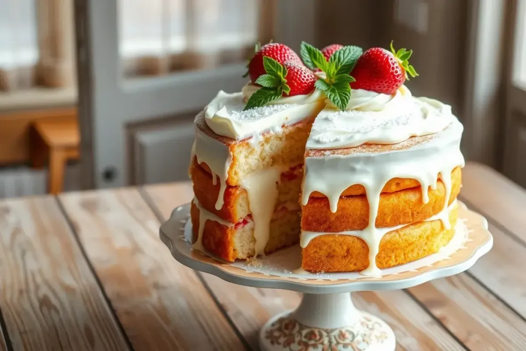 Moist and fluffy Tres Leches Cake topped with whipped cream, fresh strawberries, and mint leaves on a rustic wooden table, showcasing three milk-soaked layers.