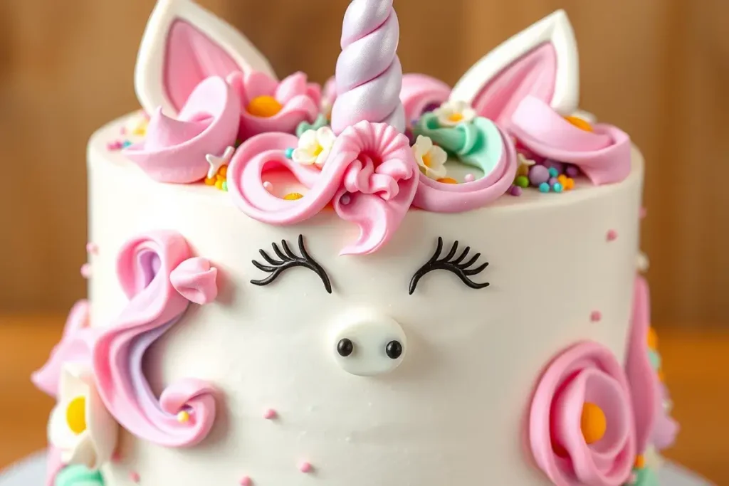 Dreamy unicorn cake for girls with pastel buttercream, fondant unicorn horn, and edible flowers