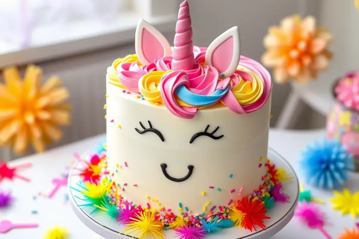 "Unicorn cake for girls with pastel rainbow frosting, fondant unicorn horn and ears, and colorful edible decorations