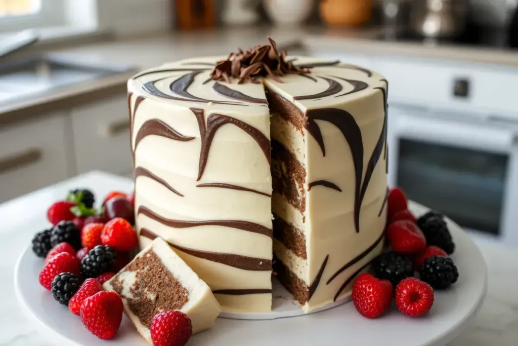 Sliced zebra cake with chocolate and vanilla swirls, topped with fresh berries and chocolate shavings.