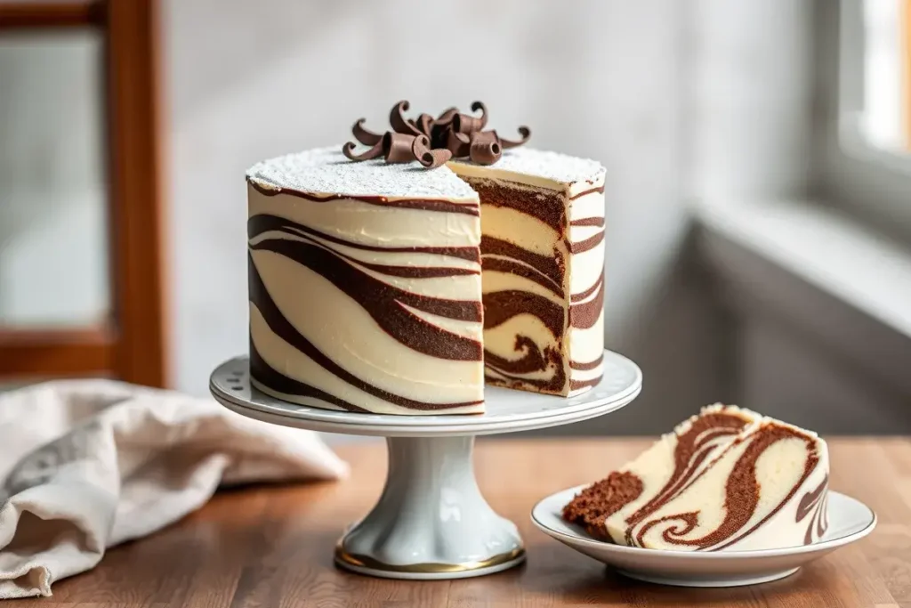 Elegant zebra cake with alternating chocolate and vanilla layers, topped with powdered sugar and chocolate curls.