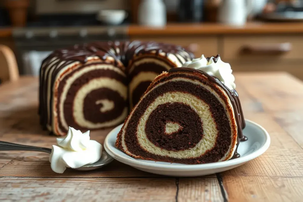 Close-up of zebra cake with alternating chocolate and vanilla layers, topped with whipped cream and chocolate syrup.