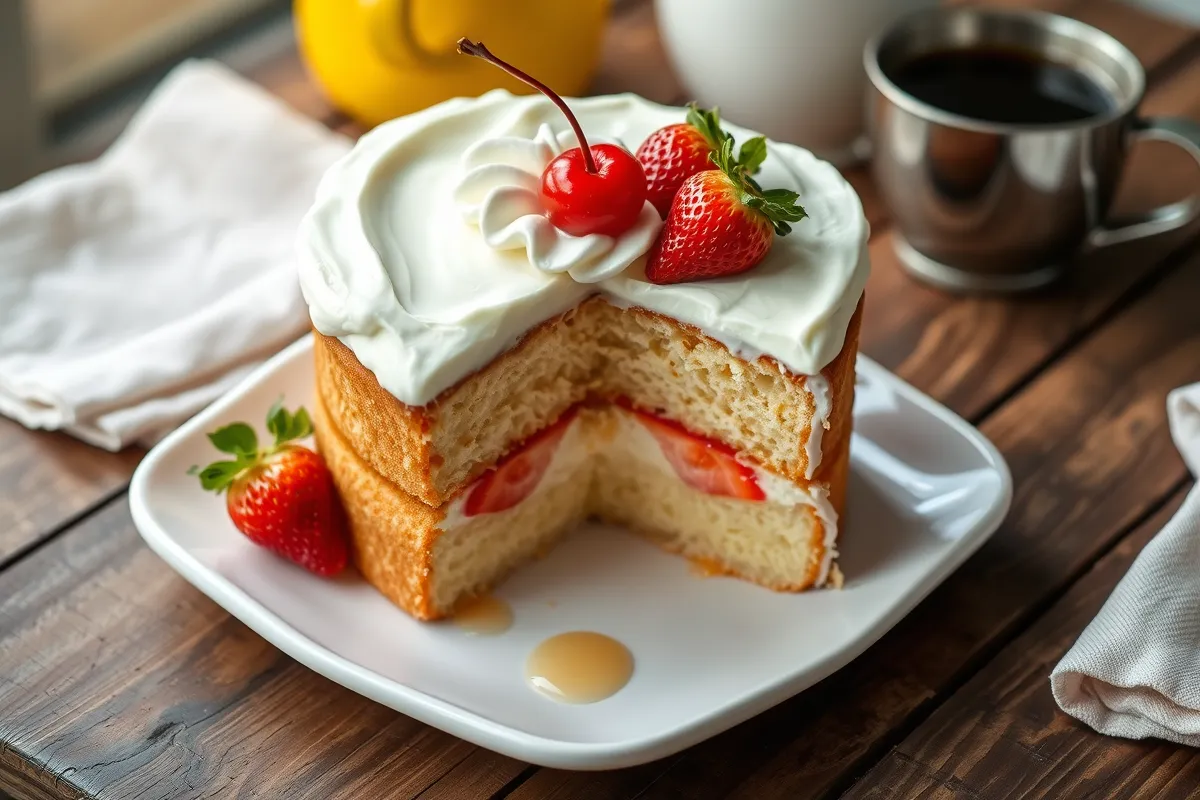 Delicious homemade Tres Leches Cake with whipped cream, strawberries, and a cherry on top, showcasing the milk layers inside.