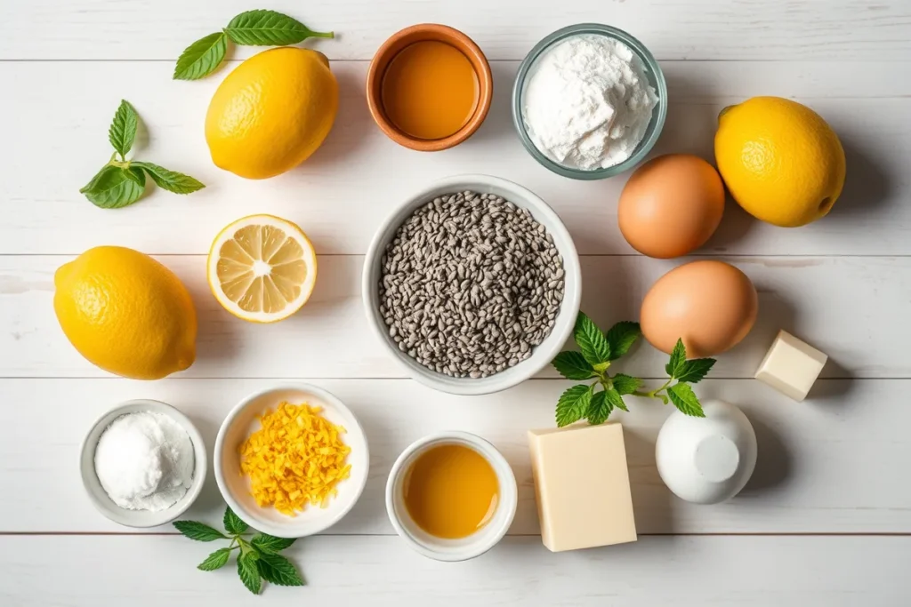 Fresh ingredients for lemon poppy seed cake including lemons, poppy seeds, flour, sugar, eggs, butter, and vanilla extract arranged on a rustic wooden surface