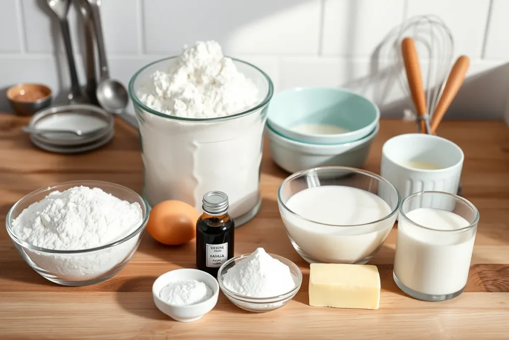 Ingredients for zebra cake including flour, sugar, cocoa powder, eggs, vanilla extract, butter, and milk