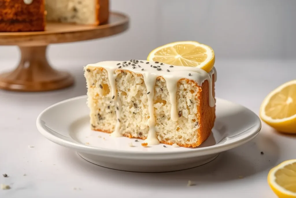 Lemon poppy seed cake slice with lemon glaze, poppy seeds, and fresh lemon garnish on a white plate, set on a rustic cake stand.