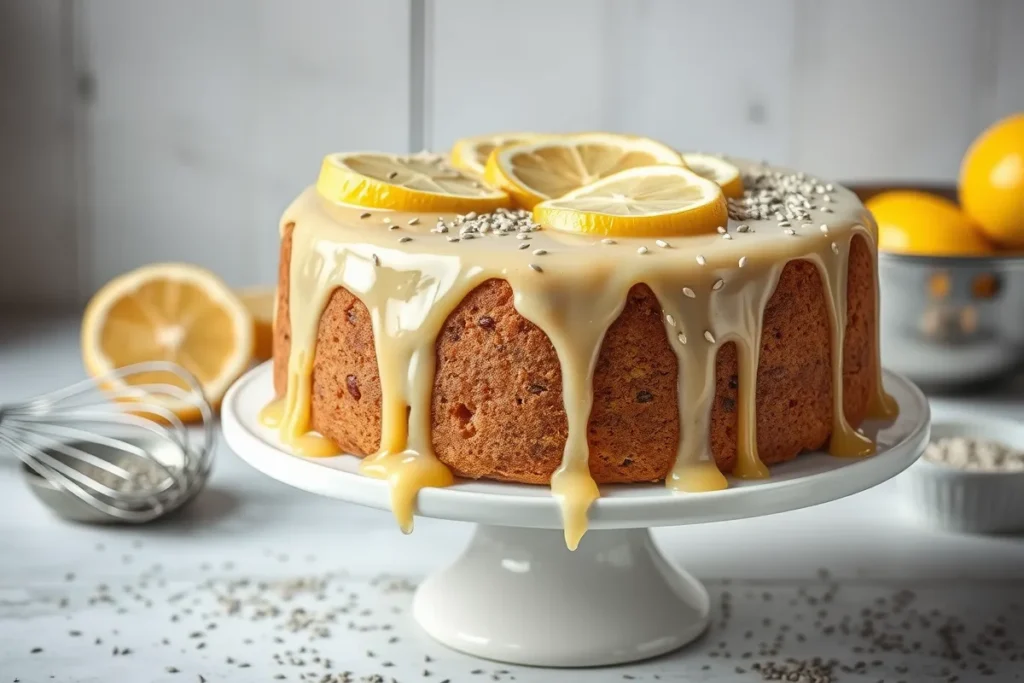 A moist lemon poppy seed cake on a white cake stand with lemon glaze and fresh lemon slices for decoration, perfect for dessert or a special occasion