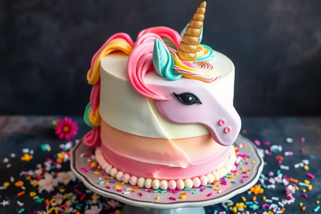 Unicorn cake with rainbow layers and a golden horn, decorated with colorful fondant mane and shimmering details.