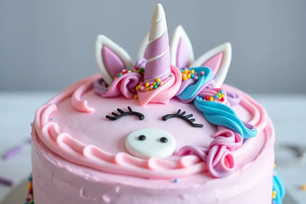 Whimsical unicorn cake for girls with pastel buttercream frosting, fondant unicorn horn, and rainbow sprinkles.