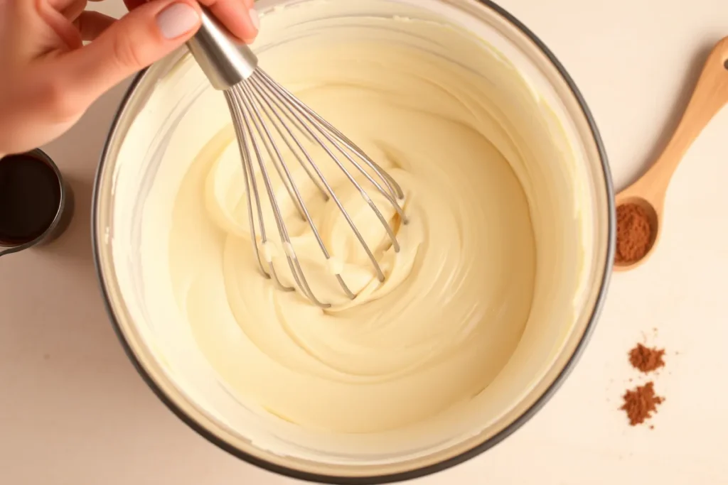 A creamy tiramisu cheesecake filling being mixed in a bowl with a whisk, with ingredients like mascarpone cheese and cocoa powder visible on the counter