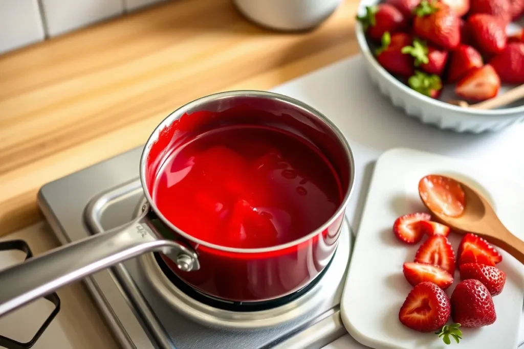 A saucepan with simmering strawberry filling on a stovetop, surrounded by chopped fresh strawberries and sugar, prepared for a strawberry poke cake.

