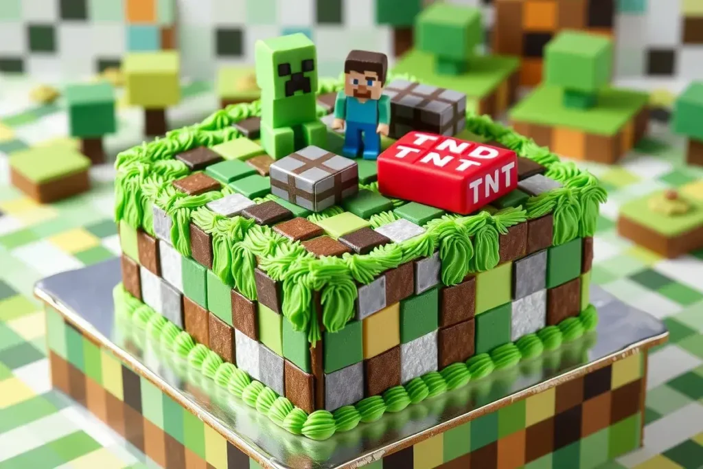 Minecraft-themed cake with pixelated frosting, Minecraft characters, and block designs, perfect for a gaming-themed celebration