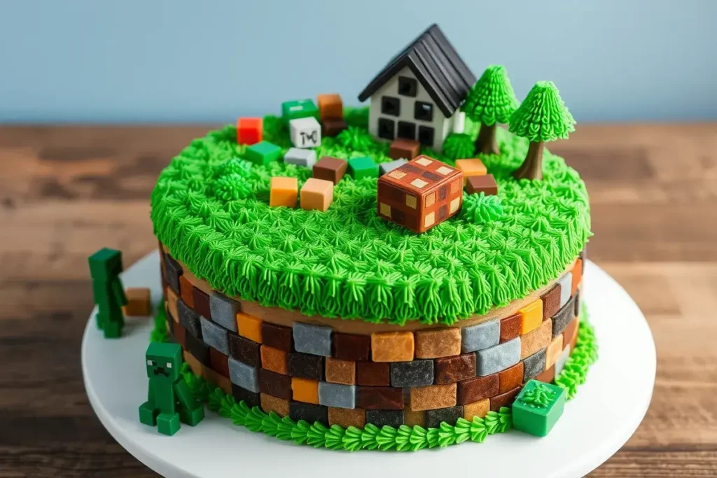 Minecraft World Cake with multi-layered pixelated frosting, fondant Minecraft characters like Creeper, Steve, and TNT blocks