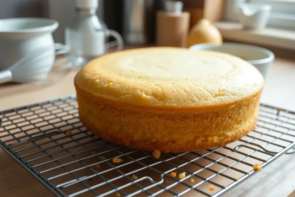 Freshly baked sponge cake cooling on a rack with soft, airy texture, set in a warm kitchen environment