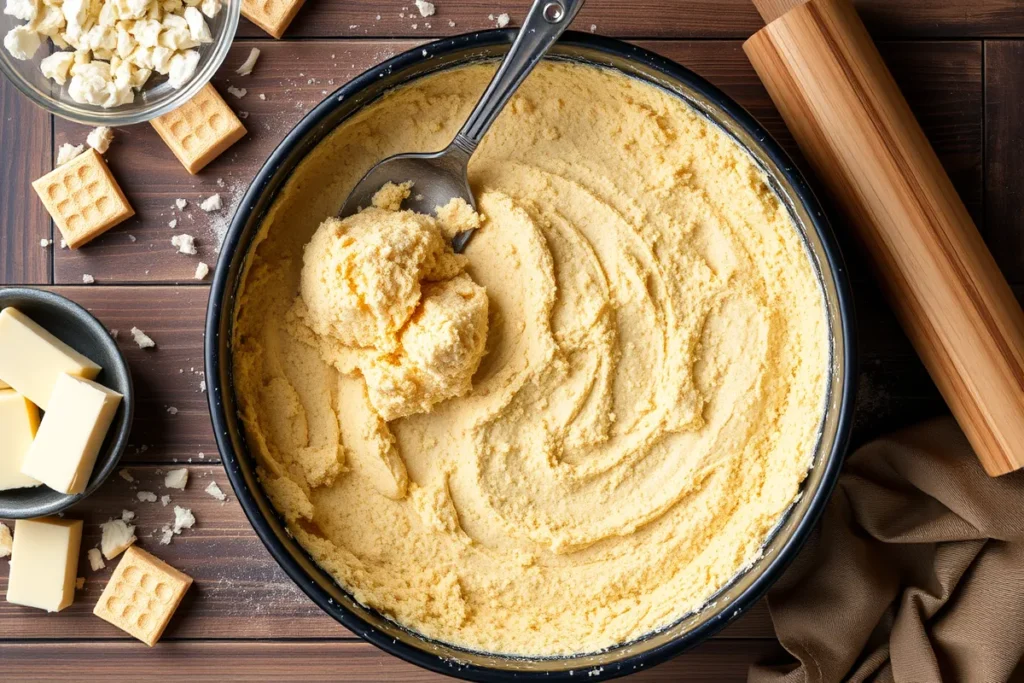 Preparing the crust for tiramisu cheesecake with crushed ladyfingers and butter in a bowl.