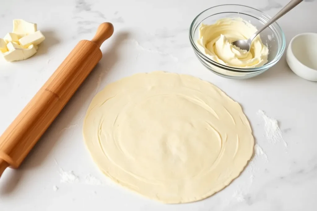 Preparing puff pastry for Cream Cheese Puff Pastry recipe, with rolled dough and cream cheese filling