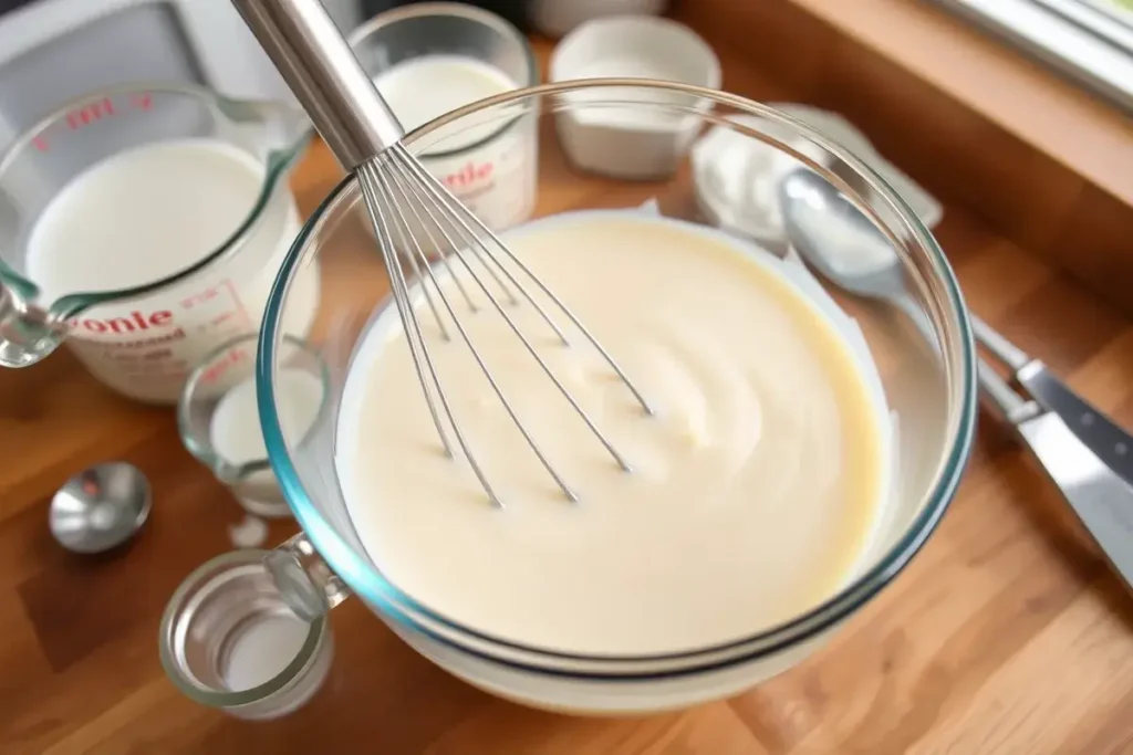 Preparing the Tres Leches mixture with evaporated milk, condensed milk, and heavy cream in a bowl, ready for mixing