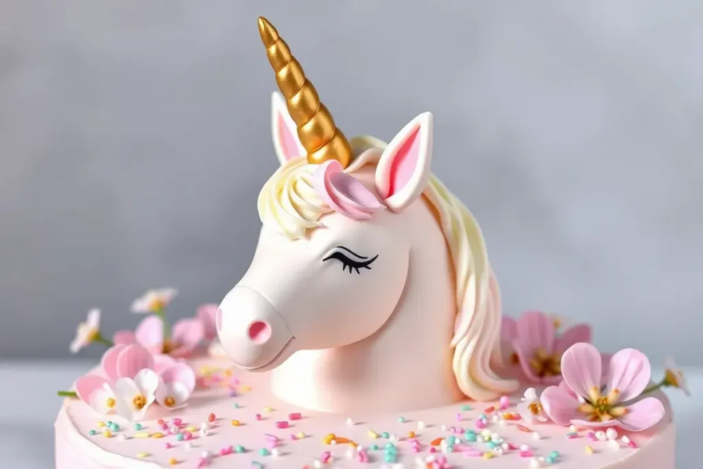 Realistic unicorn cake for girls with pastel buttercream, golden fondant horn, and edible flowers