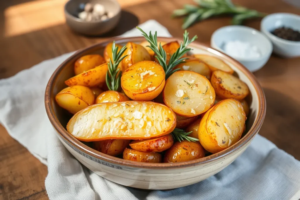 Golden rosemary and garlic roasted potatoes in a rustic bowl, garnished with fresh rosemary sprigs