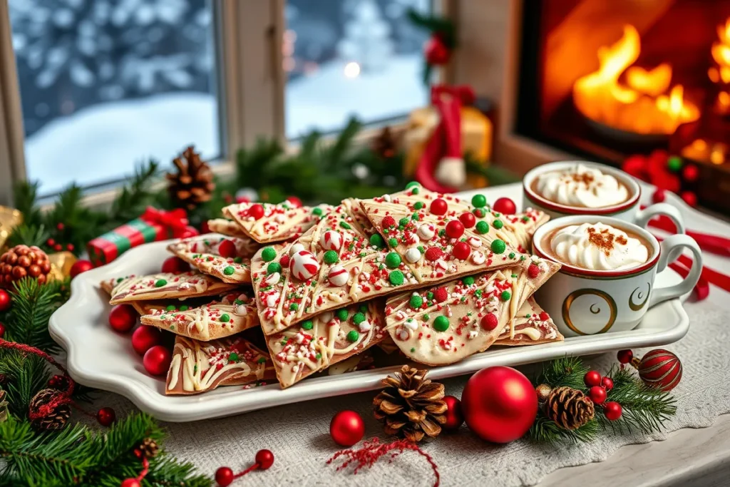 Christmas Bark with festive toppings like crushed peppermint and sprinkles, served on a white platter with hot cocoa and holiday decorations