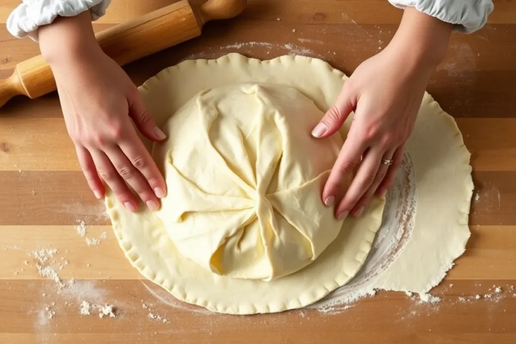 Shaping puff pastry dough for a cream cheese puff pastry dessert