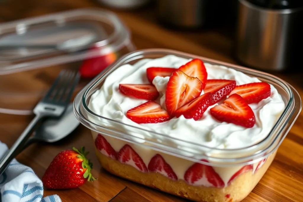 "Strawberry poke cake in an airtight container with whipped cream and strawberry slices, ready for storage.