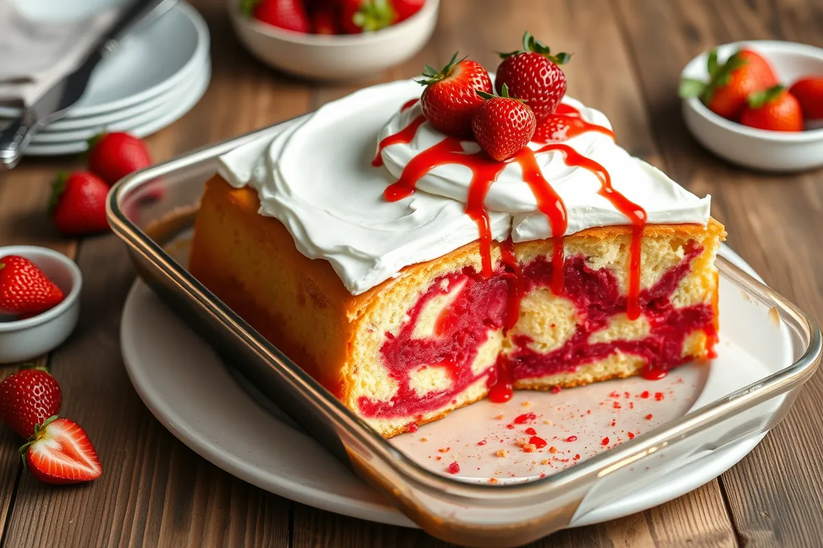 Strawberry Poke Cake with whipped topping and fresh strawberry garnish in a baking dish with a slice removed, showing the marbled strawberry gelatin inside