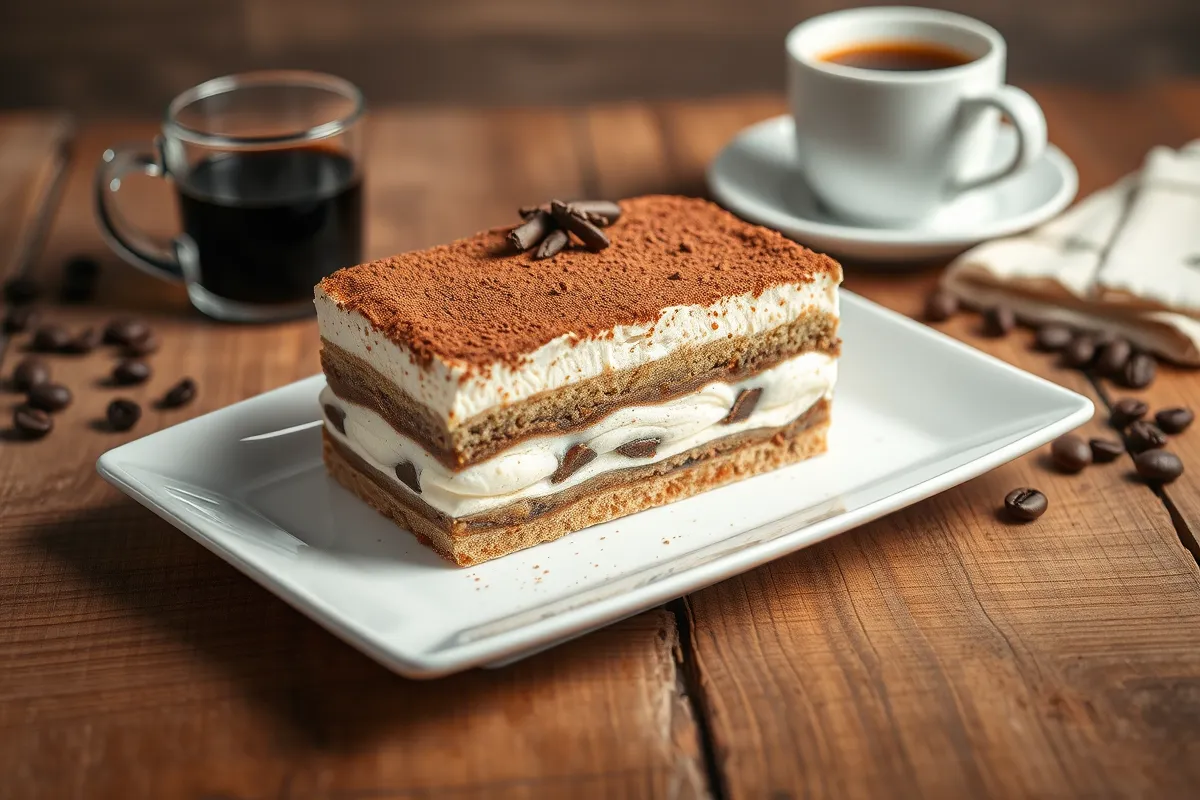 Elegant tiramisu cheesecake with layers of mascarpone and coffee-soaked sponge, topped with cocoa powder and chocolate shavings, served on a white plate