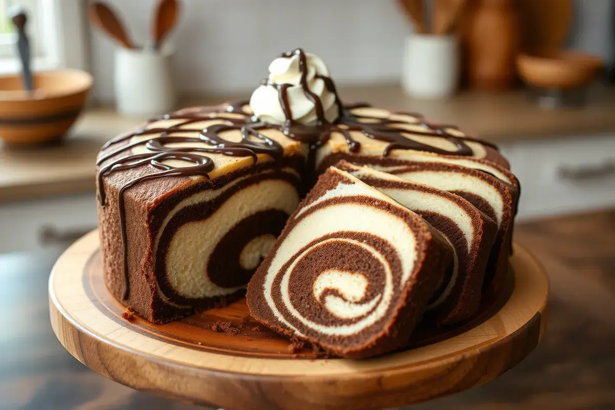 Delicious homemade zebra cake with chocolate and vanilla layers, served with whipped cream and chocolate sauce on a wooden stand.