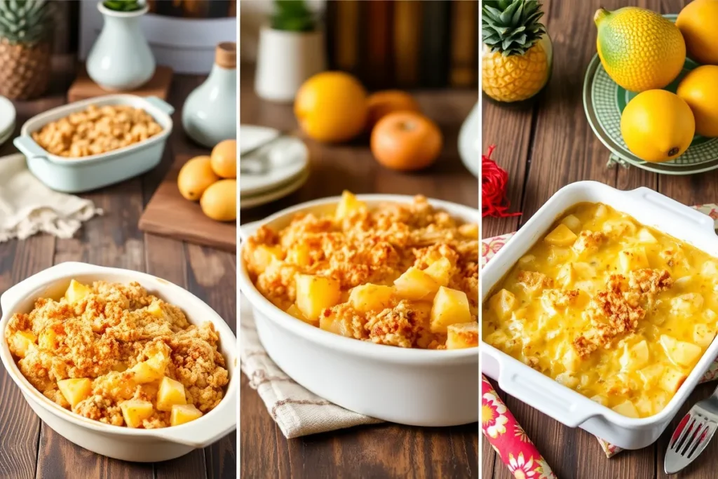 Golden-brown pineapple casserole topped with a sweet crumb layer, served in a rustic dish surrounded by fresh pineapple slices and parsley garnish