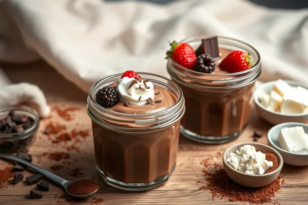 Creamy cottage cheese chocolate pudding served in glass jars with berries and whipped cream