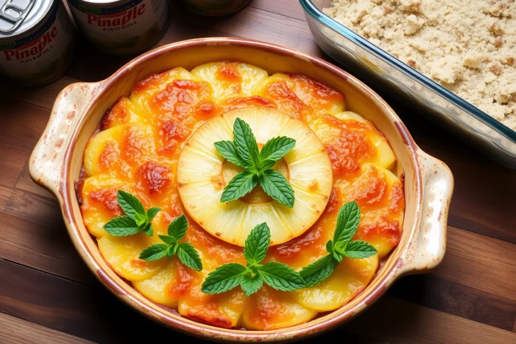 A beautifully decorated Pineapple Casserole with a golden-brown top, garnished with fresh mint and pineapple slices, served in a rustic dish on a wooden table.