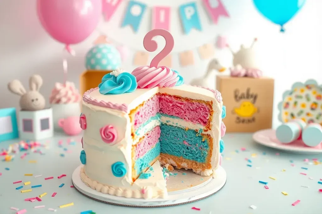 Gender reveal cake with pink and blue frosting swirls and a slice revealing the baby’s gender inside, surrounded by festive party decorations