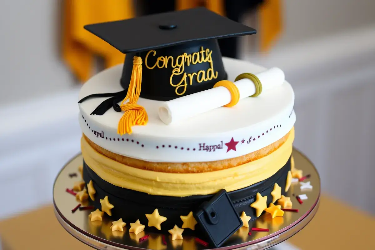 Graduation cake with a black, gold, and white theme, featuring a mortarboard cap, diploma, and 'Congrats Grad' text, decorated with fondant stars and confetti