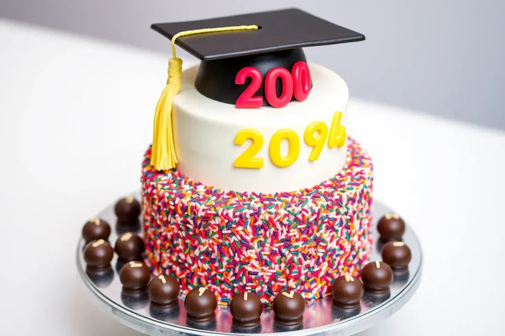 Graduation cake with school colors, fondant cap and tasse