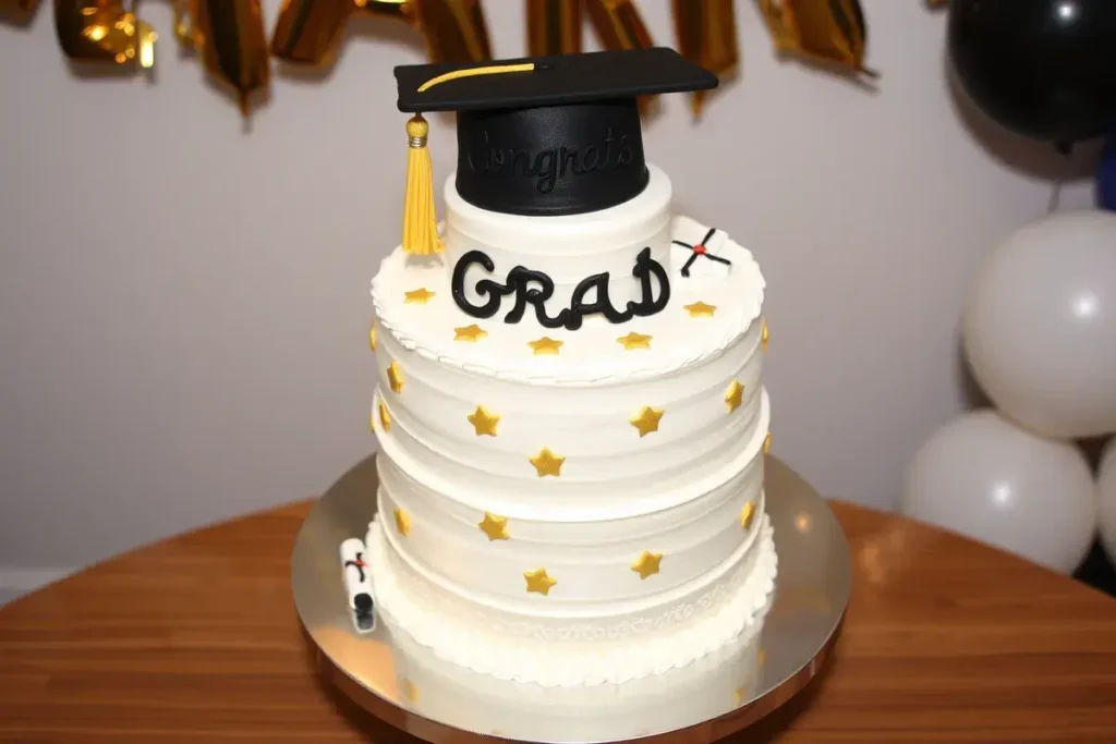 Graduation cake with fondant cap, gold stars, and lace piped details