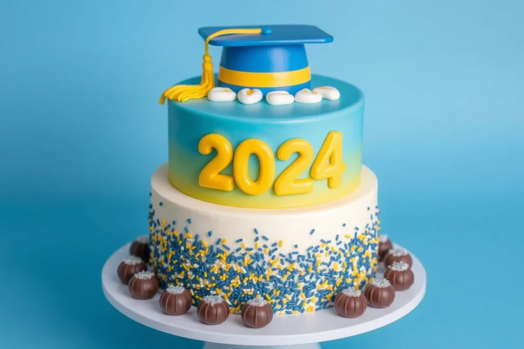 Graduation cake in school colors with fondant cap and 2024 year topper