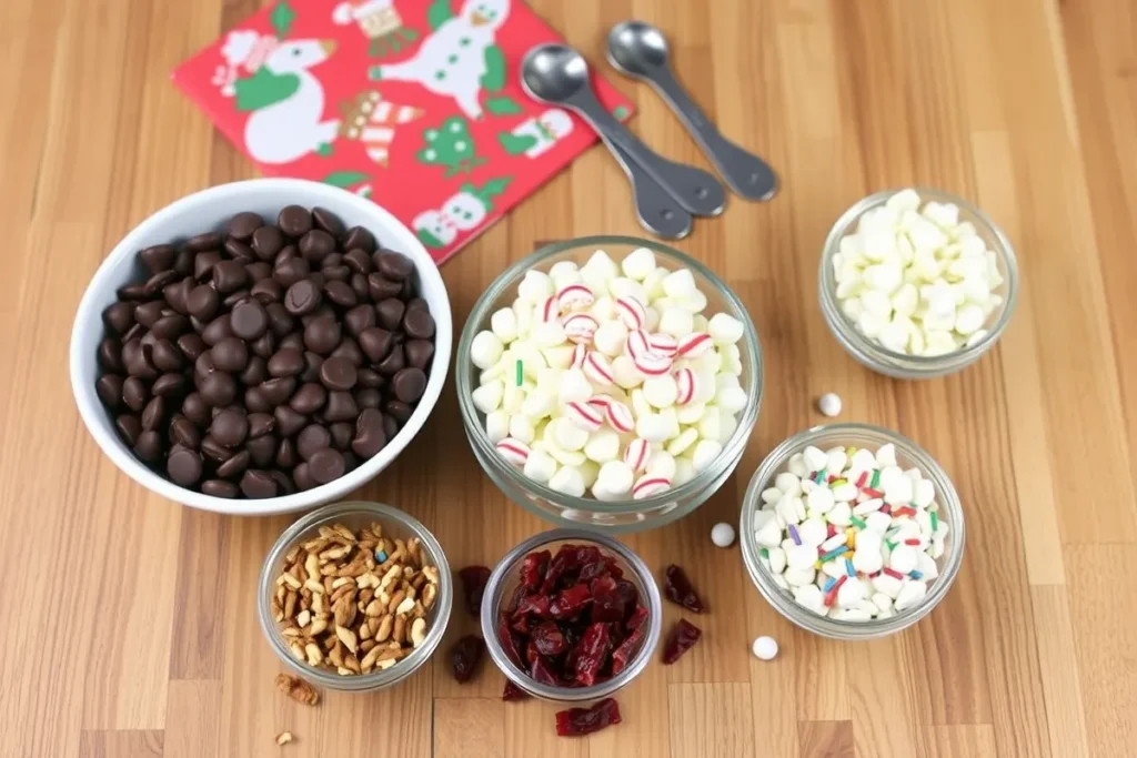 Ingredients for Christmas Bark recipe: semi-sweet and white chocolate chips, crushed peppermint, chopped nuts, dried cranberries, and colorful sprinkles.