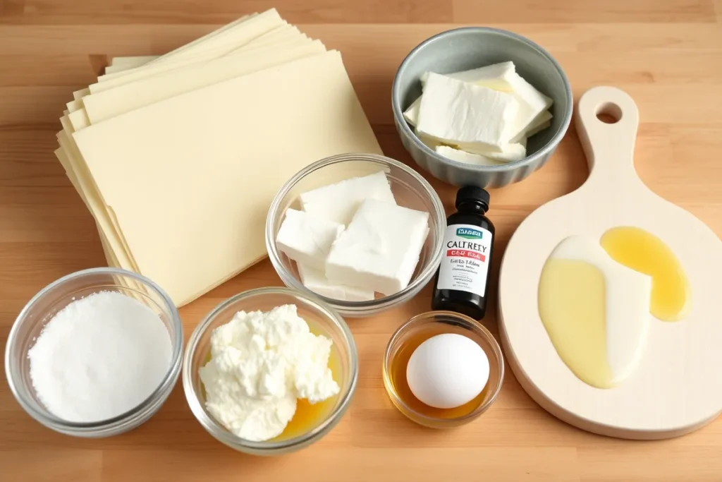 Ingredients for Cream Cheese Puff Pastry: puff pastry sheets, cream cheese, sugar, vanilla extract, and egg wash