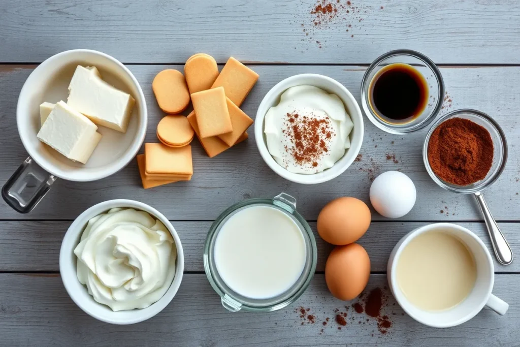 Ingredients for Tiramisu cheesecake including mascarpone, ladyfingers, espresso, cocoa powder, and heavy cream arranged on a rustic wooden table